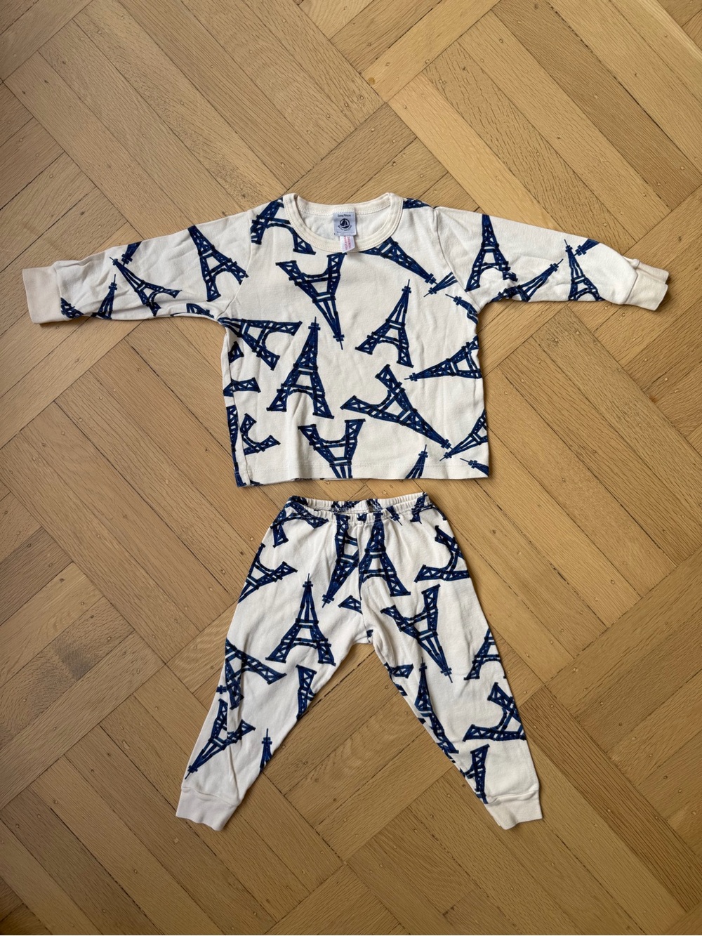 Petit Bateau Cream and Navy Eiffel Tower Pajama Set, Size 2T